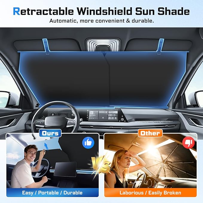 Retractable Windshield Sun Shade Automatic Sunshade for car with 99% UV Heat Protection, 420D Fabric Keep Cool & Protect Interior, Universal Adjustable Fit for Cars Trucks SUVs (Not for Large Trucks)