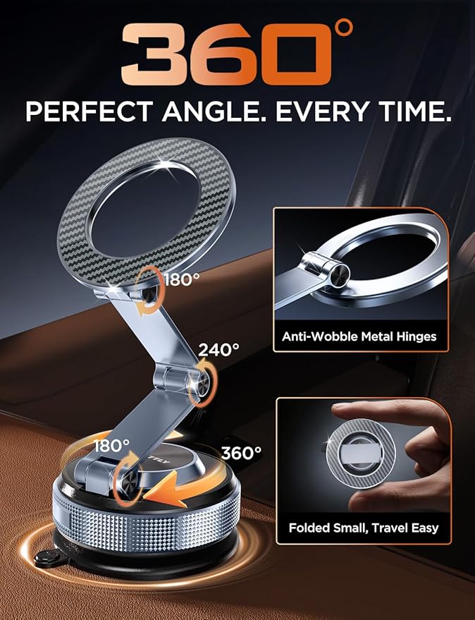 MSXTTLY Magnetic Car Phone Holder 360° Adjustable Tesla Phone Mount Foldable Car Mount 2026 Zinc-Alloy Magsafe Phone Holders for Your Car for iPhone 17 Pro Max 16 15 14 13 12 Plus, Carbon Fiber