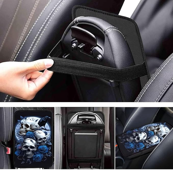 Dreaweet Goth Car Accessories for Women Interior Blue Rose and Skull Arm Rest Cover for Car Truck SUV Center Console Cushion Pad Anti Slip Comfort Padded Armrest Cover