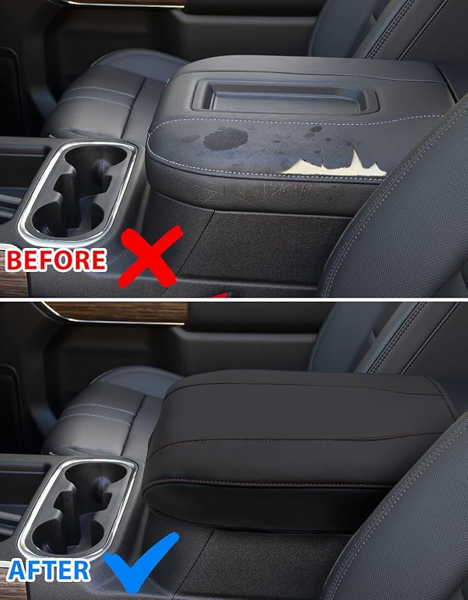 Center Console Cover for Chevy Silverado 1500 Accessories & GMC Sierra 2019-2026, Yukon & Tahoe & Suburban 2021-2026, Bucket Seat Only, Vinyl Armrest Middle Console Cover, Black-Red Stitch