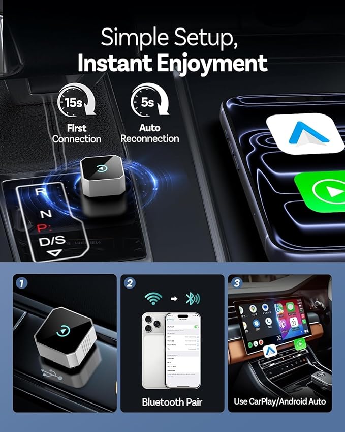 2026 Wireless CarPlay Adapter for iPhone ＆ Android Auto Mini Wired to Wireless Apple Car Play Adapter Plug & Play Compatible for iPhone iOS 10+ Android 11+ with After 2016 Cars
