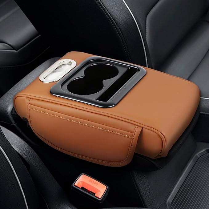 wuyaoyao Car Center Console Cover, 13.39"×8.27"×3.15" Leather Car Armrest Cover with Pocket & Tissue Box & Cup Holder, Multifunctional Auto Armrest Cushion Pad, Universal Car Accessories (Coffee)