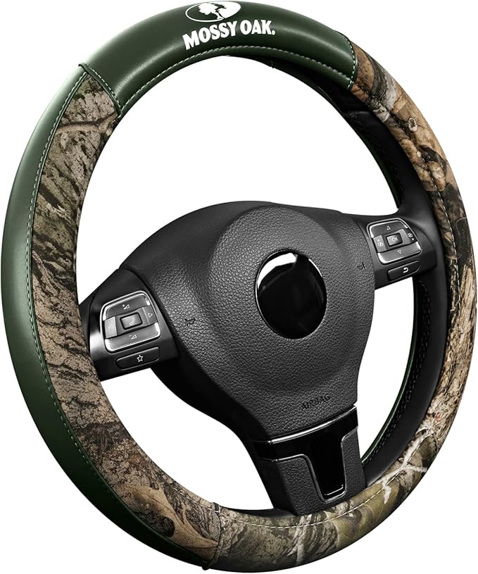 Mossy Oak Camo Steering Wheel Cover, Durable Grip Car Steering Cover, Universal Fit 14.5"–15.5" - Made with Premium Green PVC Leather and Cotton Fabric, Anti-Slip - Official Licensed Product