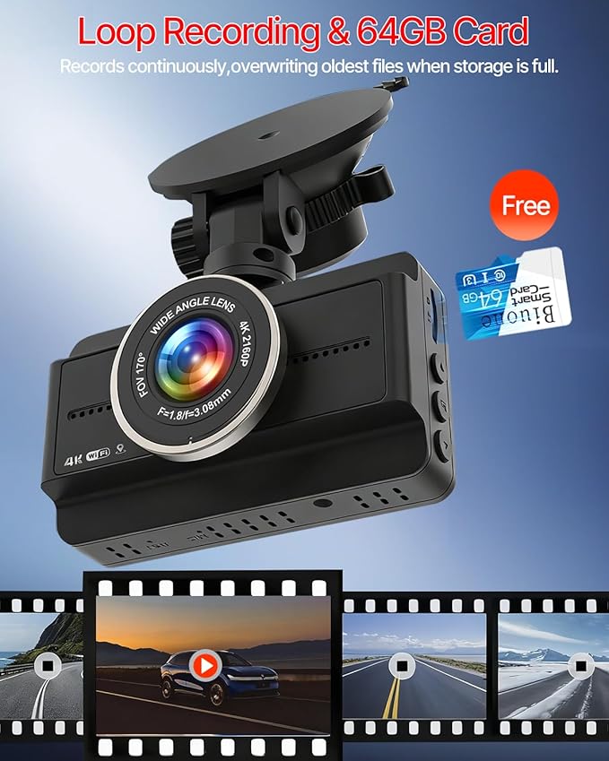 Dash Cam Front and Rear, 4K Full HD Dual Dash Camera for Cars W/ 64GB Card Included, Built-in 5G WiFi & GPS, Car Camera Dashcams for Cars with Night Vision, Parking Monitor, WDR, Emergency Lock