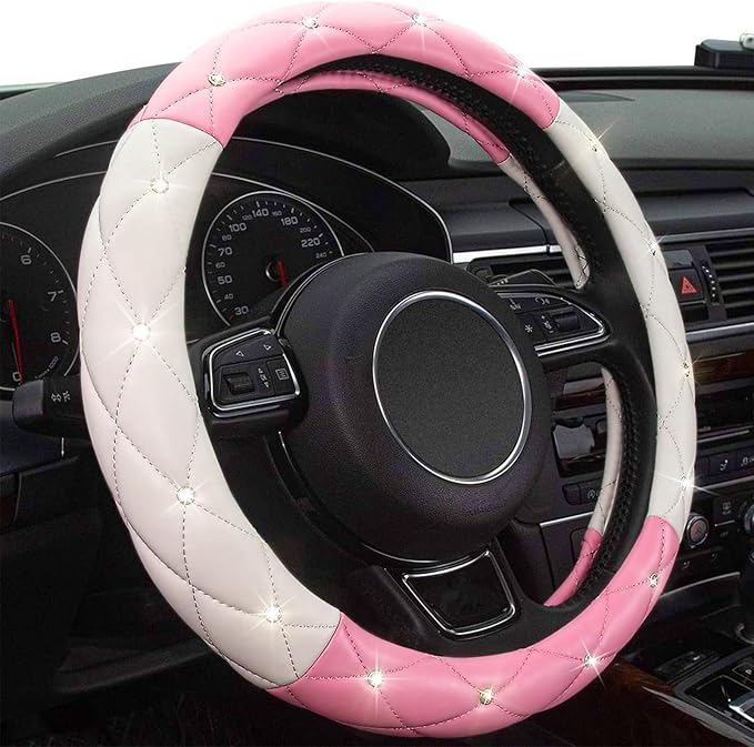 Xizopucy White Pink Steering Wheel Cover, Anti-Slip Steering Wheel Protector with Crystal Rhinestones Microfiber Leather, Steering Wheel Cover for Women and Girl Fit 14.5-15 inch