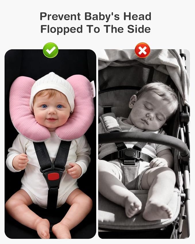 Baby Neck Pillow for Car Seat and Stroller, Adjustable Baby Head Support Pillow for Travel, Soft and Cushiony Torticollis Pillows for Infant and Newborn (Pink)