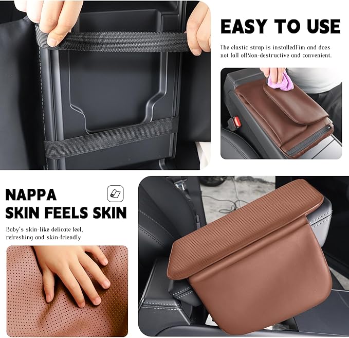 Car Armrest Cover Pad - Nappa Leather Car Center Console Cover with Breathable Holes, Non-Slip Auto Arm Rest Cushion, Universal Car Interior Accessories Fit forTesla Model Y (Dark Brown)