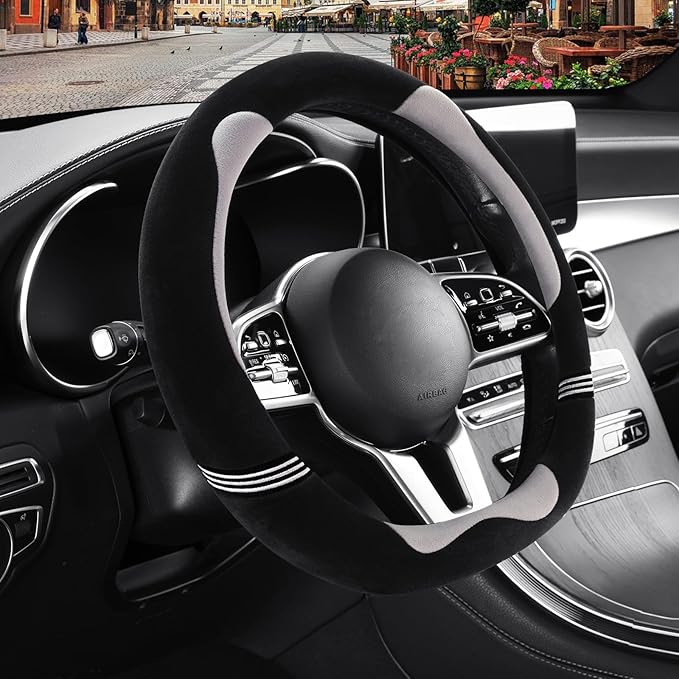 Furry Cute D Shaped Steering Wheel Cover, Soft Fluffy Short Plush Auto Accessories, Non-Slip Cold-Proof Sweat-Proof Colorfast, Universal 15 inch(Black with Gray)