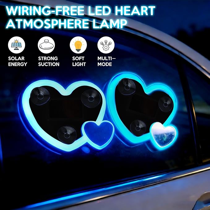 2PCS Solar Heart Lights for Car Window - Auto On/Off at Night, No Wiring Needed, Waterproof Romantic Gift for Her/Him, Car Gift Anniversary, Windshield Dashboard Decoration (Blue)