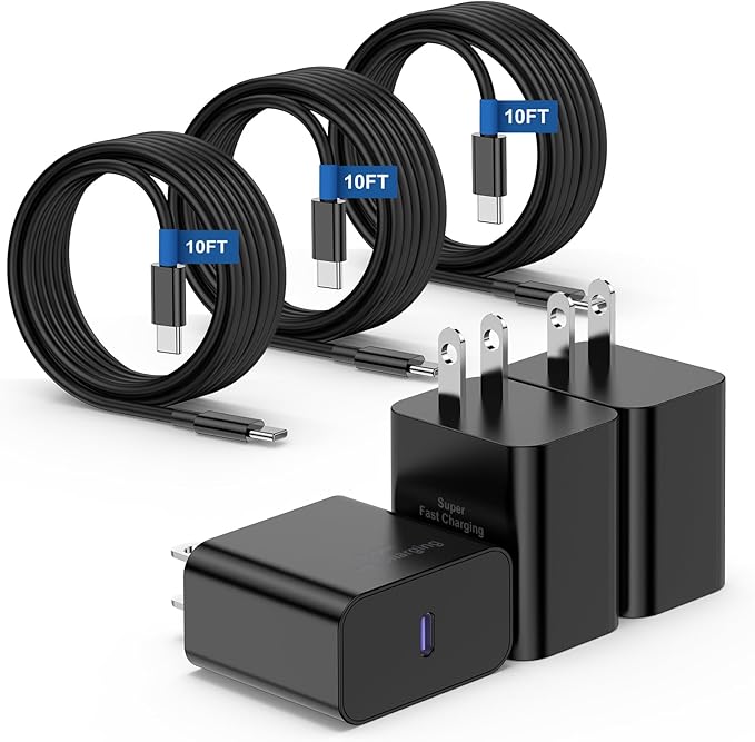 3Pack Super Fast Charger Type C 10FT, USB C Android Phone Charger Fast Charging Block with Ertra Long Type-C Charger Cord for Samsung Galaxy S25/S25 Ultra/S25+/S24 Ultra/S24/S24+/S23/S22/S21/S20