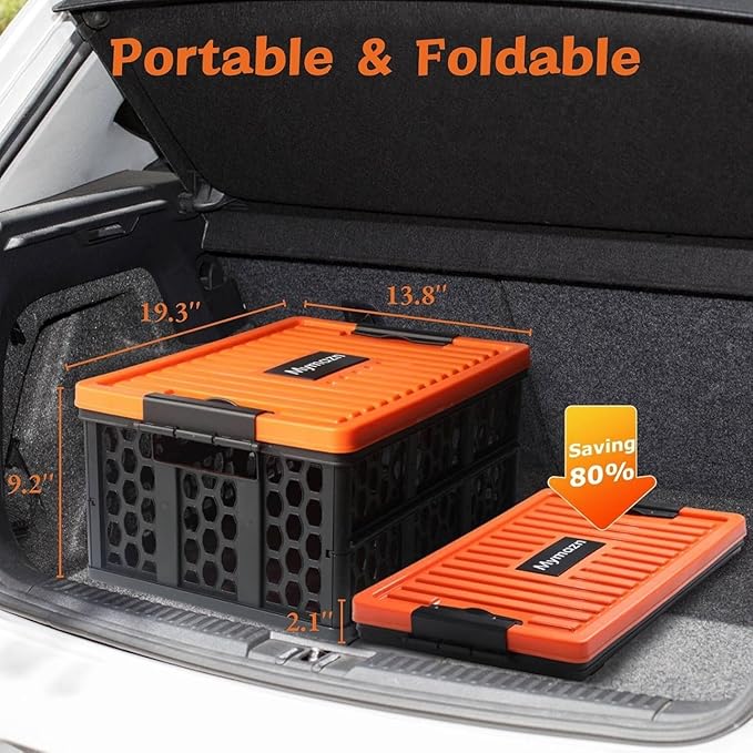 Mymazn Trunk Crate Organizer with Cooler for Car, Collapsible Plastic Trunk Lid Organizer Box for Travel, Groceries, Sports, Home, Tailgating | Removable Insulated Cooler Set