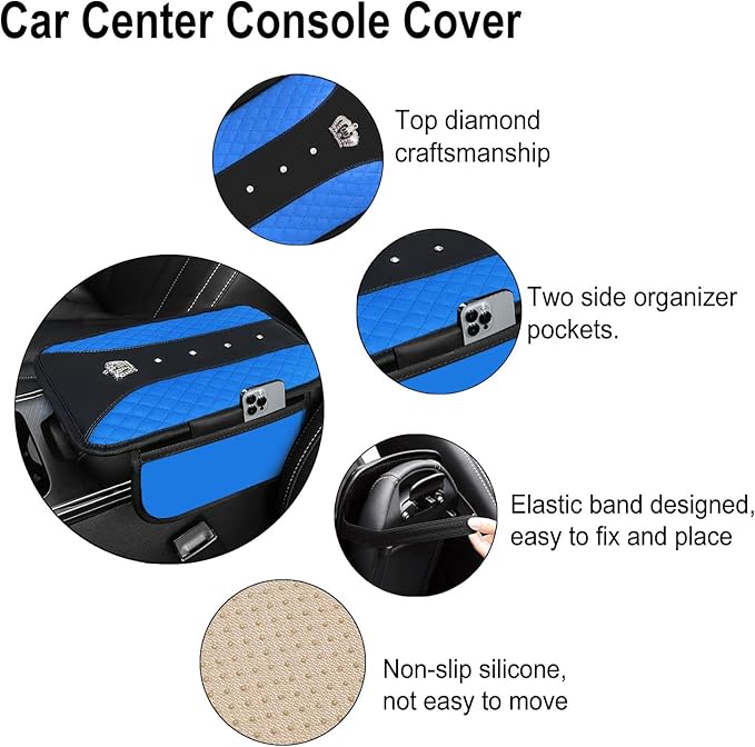 NBTEPEM Bling Crown Car Center Console Armrest Cover, Leather Middle Console Cover Cushion with 2 Storage Bags, Car Armrest Storage Box Interior Accessories for Most Vehicles(Blue)