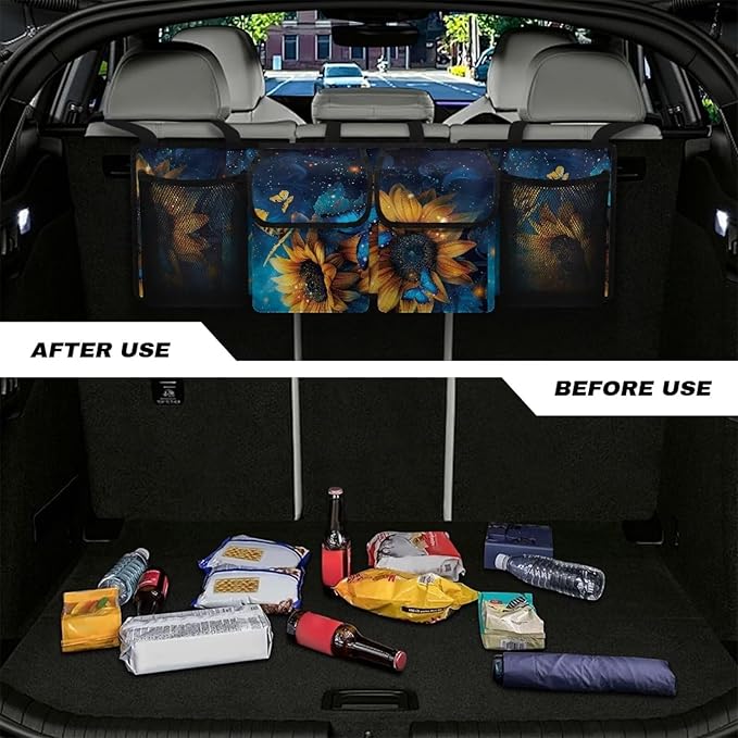 Yellow Sunflower Butterfly Backseat Trunk Organizer for Car Hanging Collapsible Cargo Bag Car Storage Organizer,Sturdy Space Saving Expert