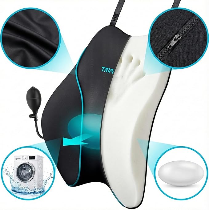 Adjustable Lumbar Support for Car: 4-Way Lower Back Pillow with 3" D & 4" H Adjust for Long Distance Driving - Low Profile No Push-Forward for Car & Truck Drivers
