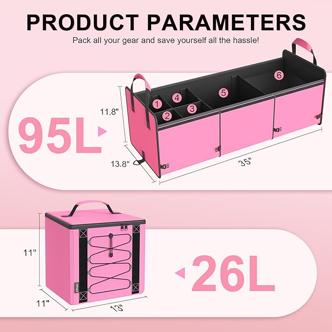 SugarFox Bold Color Block Trunk Organizer | 95L, 35"x13.8"x11.8" | Dedicated Shoe Storage & 26L Ice Pack | Foldable for SUV/Car/Jeep | Stylish Gift & Car Accessories for Men & Women - Pink-X212