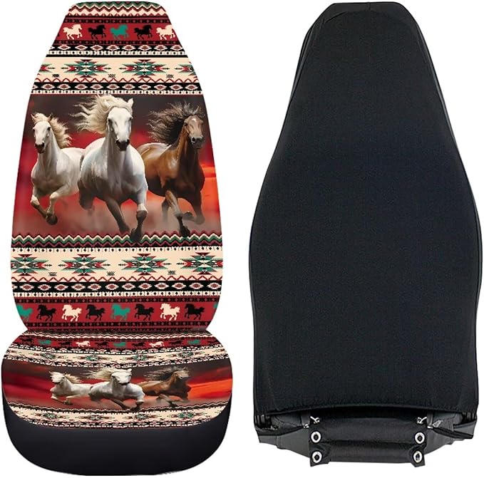 Aztec Ethnic Striped Horse Jigsaw Puzzle Print Car Seat Cover Front Seats Only Full Set of 2, Universal Bucket High Back Car Front Seat Covers