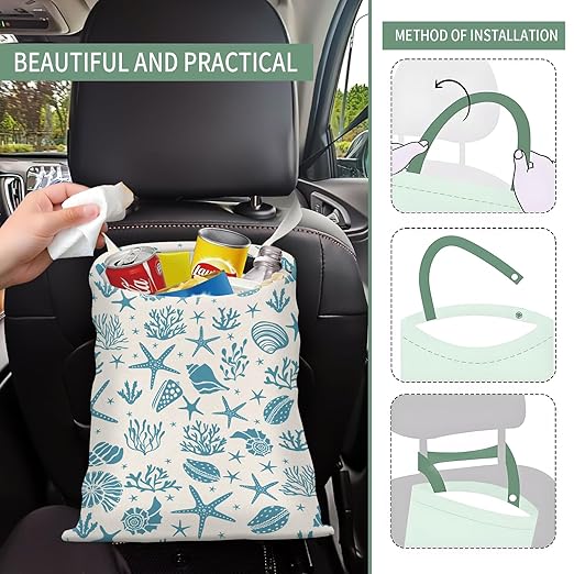 Cute Car Trash Can, Hanging Canvas Car Back Seat Organizer and Storage Bag, Funny Car Trash Bag For Travelling, Outdoor Cute Blue Sea Shell