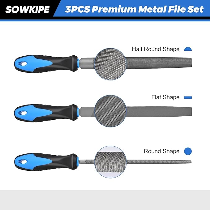SOWKIPE 3-Piece Metal File Set, Premium High-Carbon Steel Files, 8 Inches, Includes Flat, Round, and Half-Round, Perfect for Metal, Wood, and More