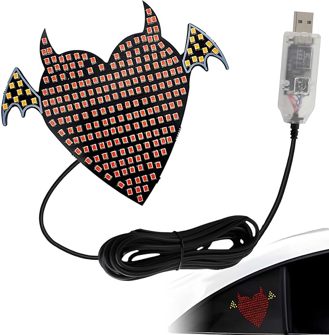 Car LED Heart Ambient Light Angel Devil Patterns,Rear & Side Window Decor,12 Lighting Modes USB Powered,Romantic Gift for Car Owners (Red Devil)