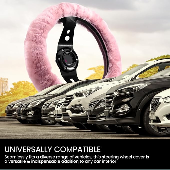 Andalus Brands Luxury Fluffy Car Steering Wheel Covers – Genuine Merino Sheepskin, Soft Fuzzy Car Steering Wheel Cover for Women, Universal 14.5-15" Size, Plush Fur Cute Auto Accessories, Pink