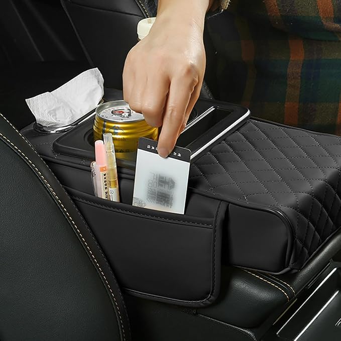 Car Armrest Cushion, 5-in-1 Center Console Cover with 2 Storage Bags Cup Holder, Cup Holder Tissue Slot Phone Slot for Car, Universal Car Armrest Box Cover Protection Pad for Most Vehicles (D)