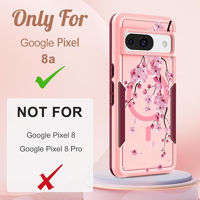 for Google Pixel 8A Case 6.1 Inch - Compatible with MagSafe Women Girls Cute Magnetic Protective Cover Girly Kawaii Flower Blossom Heavy Duty Shockproof Design for Google Pixel 8A Phone Cases