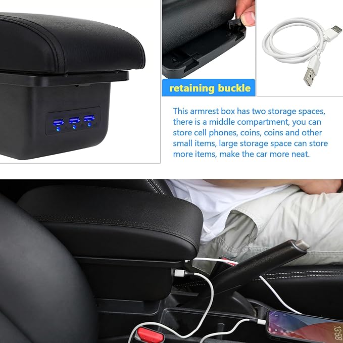 AULPHIKE Compatible with Nissan Note Armrest E-Power Car Center Console Organizer Armrests Double Layer Storage with 3 USB（Black）