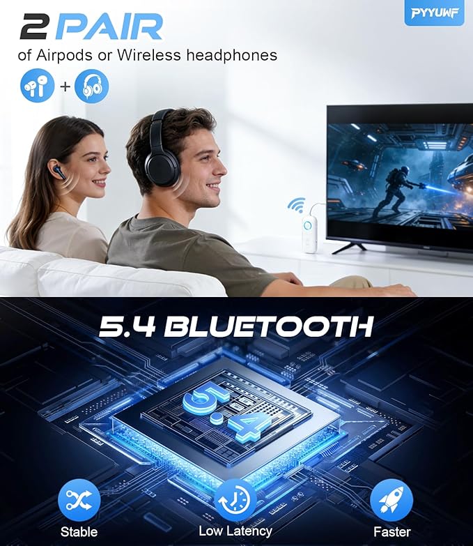 Bluetooth 5.4 Transmitter Receiver, Audio Adapter for Airplane Gadgets - for 2 AirPods/Headphones, 20H Battery, aptX Low Latency, 3.5mm AUX Jack Wireless Adapter for Car/TV/Home, for Travel Essentials