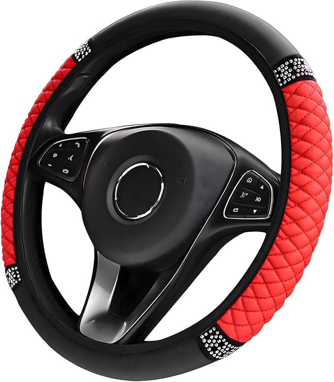 Bling Soft Leather Steering Wheel Cover, 14.5-15 Inch Sparkly Rhinestones Non-Slip Car Steering Wheel Protector, Elastic Auto Steering Wheel Cover Interior for Women Girls (Red)