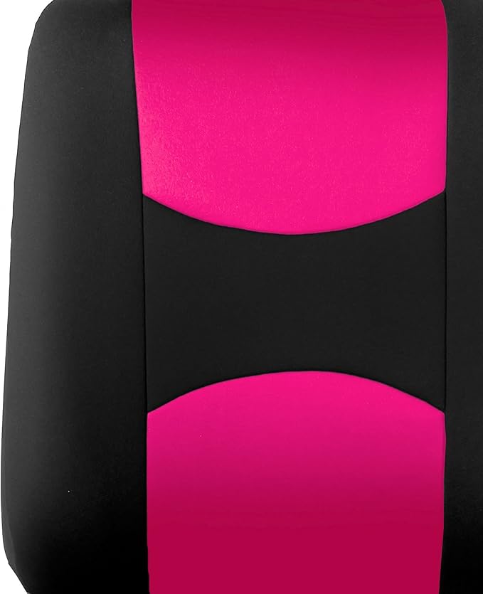 FH Group Car Seat Covers Flat Cloth Automotive Pink Full Set, Rear Solid Bench Universal Fit Combo Steering Wheel Cover & Seat Belt Pads Car Seat Protector for Cars Trucks SUV Interior Accessories
