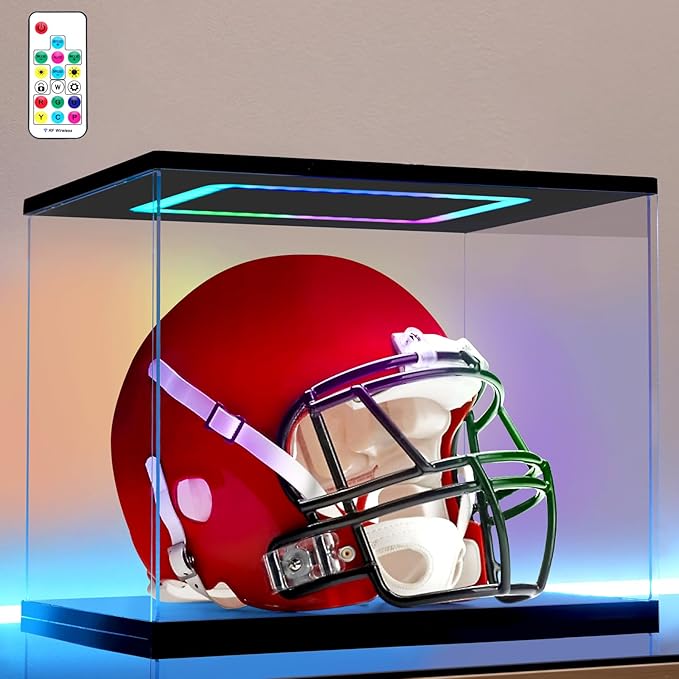 Football Helmet Display Case with Light, Multiple Color Lights Dustproof Protection Helmet Showcase for Collectibles Memorabilia Storage（15×11×12inch）