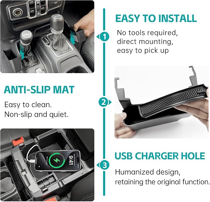 3PCS Center Console Organizer Combo Kit Compatible with 2018-2026 Jeep Wangler JL JLU 4xe Rubicon Sahara & Gladiator JT Accessories, Insert/Hanging Armrest Storage Box & Gear Shift Side Tray