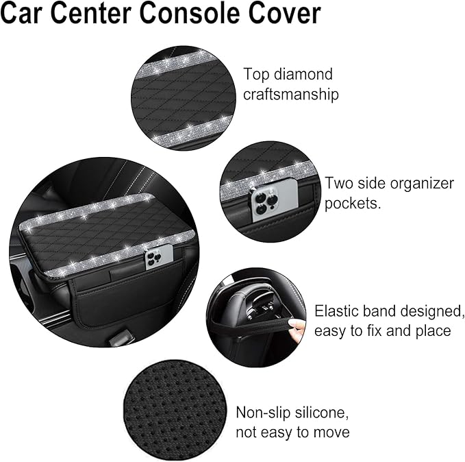 NBTEPEM Bling Car Center Console Cover, Leather Car Arm Rest Cover Cushion with 2 Storage Bags, Universal Auto Armrest Protector Storage Box, Bling Accessories Interior for Most Vehicles (Silver)
