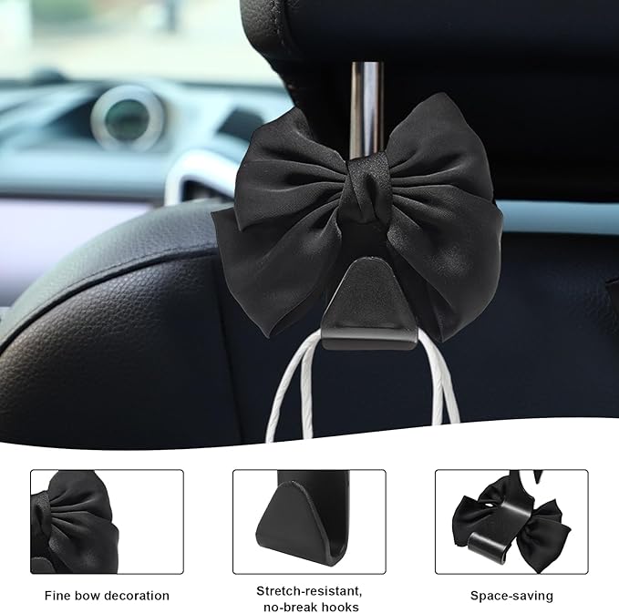 2 PCS Car Back Seat Headrest Hooks, Cute Bow Vehicle Backseat Storage Headrest Hanger, Car Organizer Hooks for Handbag Clothes Grocery Bags, Car Interior Accessories