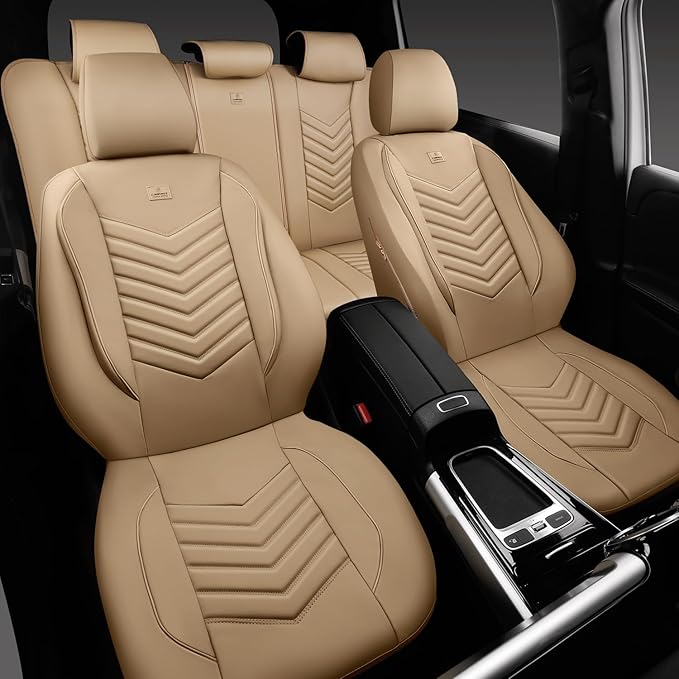 CAR PASS 3D Foam Faux Leather Car Seat Covers Full Set,Waterproof Tan Leather Seat Cover for Cars,Luxury Universal Fit Anti-Slip for SUV Truck Sedan Automotive,Armrest Airbag Compatible,All Beige