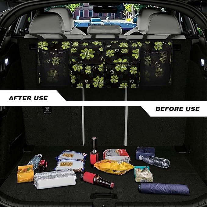 Green Heart Leaves Car Trunk Organizer St. Patrick Day Hanging Car Storage Bag with Lid Back Seat Car Organizer Space Saving Expert