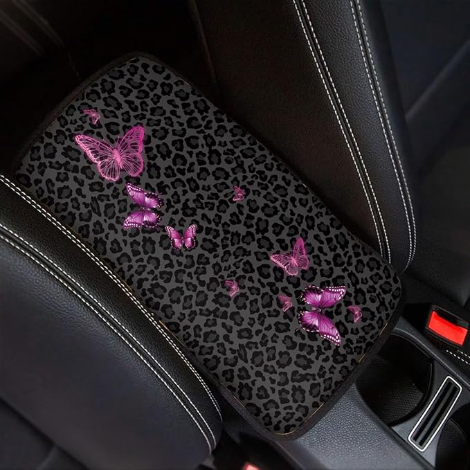 Pink Butterfly Leopard Print Soft Armrest Seat Box Cover Car Armrest Cushion Car Decor Protective Car Accessories Fit for Most Cars, Vehicles, SUVs