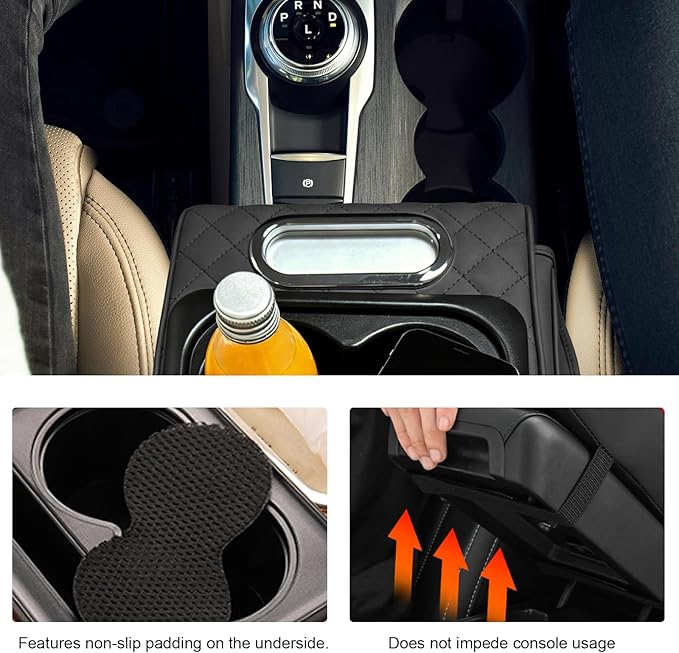 Car Center Console Armrest Pillow, Multifunctional Armrest Box Cover with Cup Phone Tissue Holder & Side Pockets, Waterproof Leather Middle Console Cushion for Most Vehicles (Black, Embroidered)