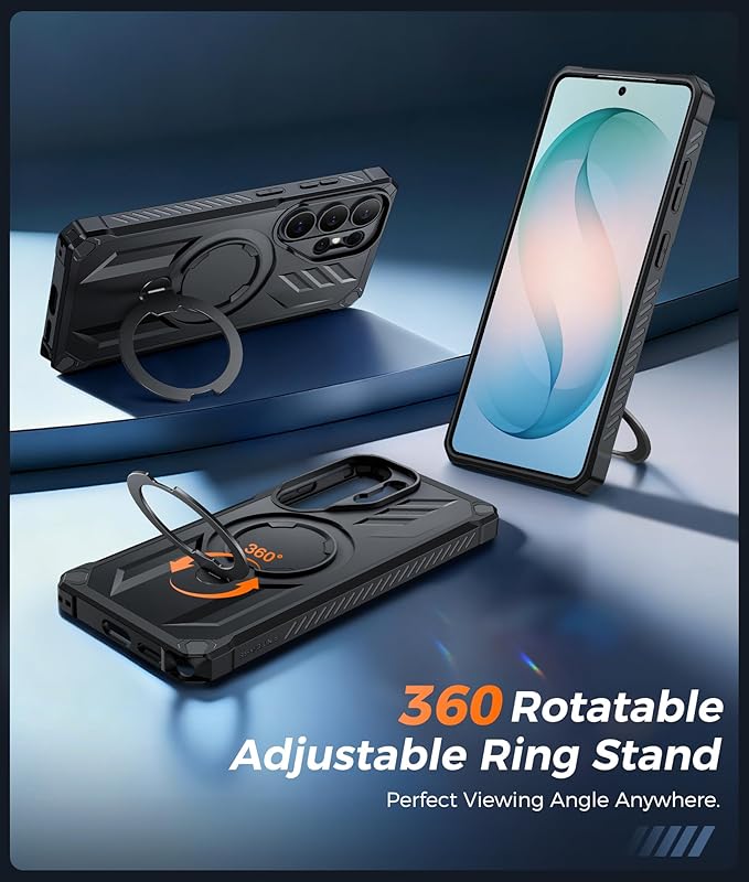 FNTCASE for Samsung Galaxy S26-Ultra Case: [360 Spin Magnetic Ring Kickstand] [Compatible for MagSafe] [Screen Protector] Heavy Duty Military Grade Protection Protective Phone Case with Stand Black