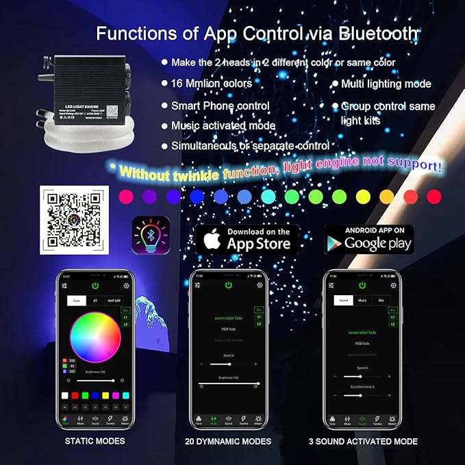 AKEPO Car Home Small Size 32W Dual-Port Different Color Music Activated Fiber Optic Lights, 600pcs of 0.03in 9.8ft Optical Fibers+RGBW Sound Activated Fiber Optic Star Headliner Ceiling Light Kit