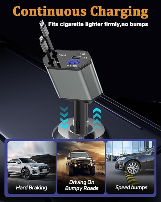 Retractable Car Charger,66W 4 in 1 iPhone 16 15 Car Charger Adapter with 2 Retractable iPhone ChargerCables(USB C & Lightning),2 USB Ports(USB C & USB A) for iPhone 16 15 14 13 12 11,iPad Pro Air Mini