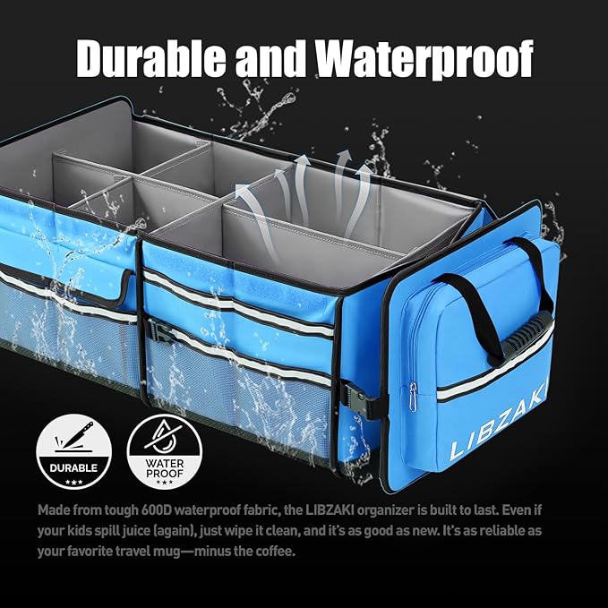LIBZAKI Oversize 4 in 1 Car Trunk Storage Organizer, Multi Compartment Collapsible Trunk Storage Box with Cooler Bag for Car Truck SUV-Light Blue
