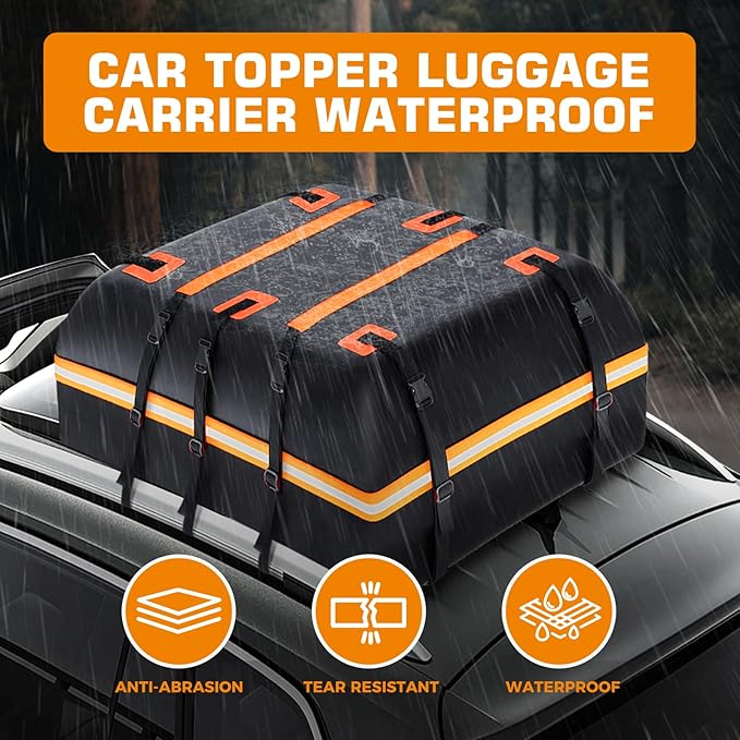 Car Rooftop Cargo Carrier Bag, 20 Cubic Feet 100% Waterproof Heavy Duty PVC Car Roof Bag for All Vehicle with/Without Racks -Anti-Slip Mat, 8 Reinforced Straps, 6 Door Hooks, Luggage Locks (Orange)