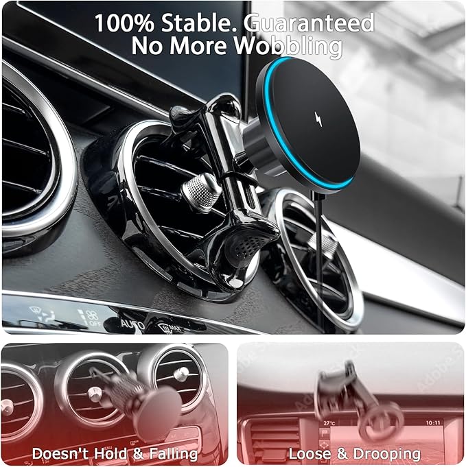 MagSafe Car Mount for Mercedes-Benz [15W Wireless Charging], Round Air Vent Holder, Compatible with Mercedes Benz GLC, C-Class, E-Class, A/B/C-Class, GLC/GLB/GLA/Sprinter, Mercedes Benz Accessories
