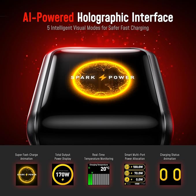 AOHI SUPERAUTO 170W Car Charger with TFT Smart Display, 140W PD 3.1 USB C Fast Charging Car Adapter, Compatible with MacBook Pro, Laptops, iPhone 17 Pro Max, Galaxy S25 Ultra