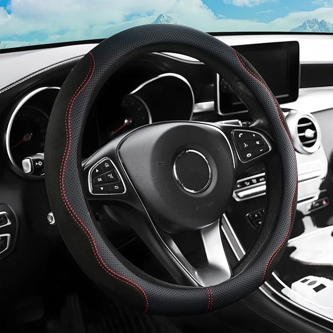 zipelo 14.5"-15" Car Steering Wheel Cover, Auto Interior Wheel Protector with Durable Soft Breathable Anti-Slip Linging Leather, Universal for Vehicles Trucks SUVs Accessories for Men Women (Black)