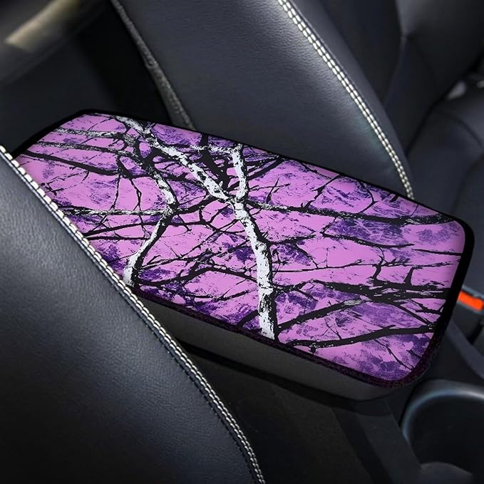 Car Center Console Cover Soft Comfor Auto Center Console Armrest Cover Auto Interior Protective Cover Universal Fit Most Cars, Purple Tree Camo