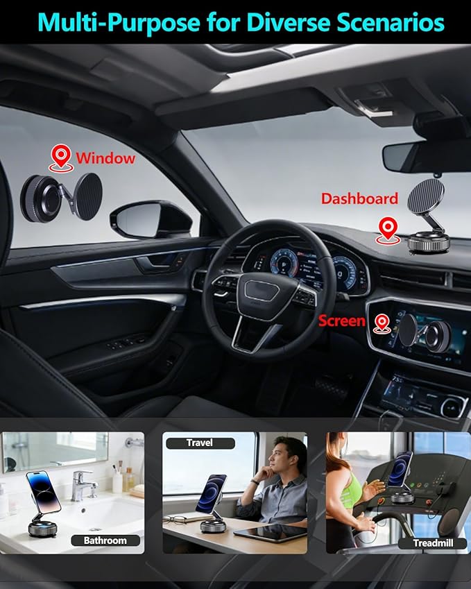 Car Phone Holder for MagSafe - Magnetic Vacuum Mount 360° Adjustable, Compatible with iPhone 17-12 Series & Android Devices, Cell Phone Holder for Your Car Dashboard Windshield with Magnetic Ring