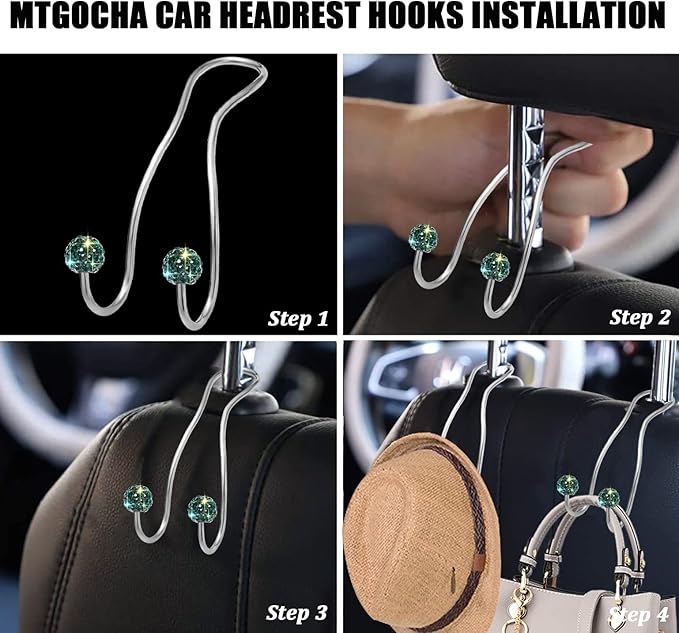 MTGOCHA Bling Purse Hook for Car Headrest, Upgraded Cute Car Seat Hooks for Bag Handbag, Durable Stainless Auto Purse Hanger Holder 2 Pack, Green