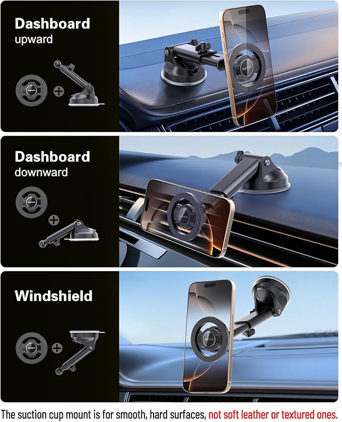 pop-tech for Magsafe Car Mount, Windshield Ultra Magnetic Phone Holder for Car, Dashboard Adjustable Military Suction Cup Phone Mount for iPhone 16 Pro Max 15 14 13 12 Plus, Smartphones, All Phones